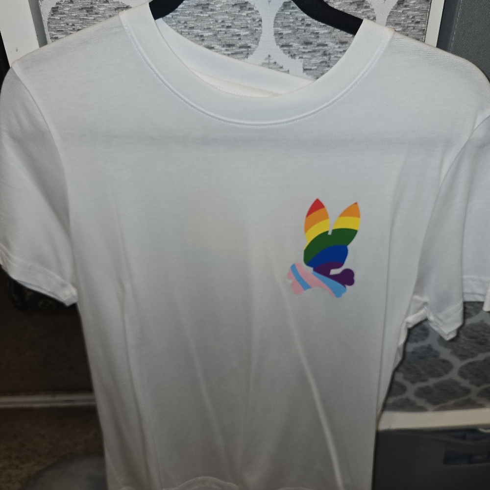 PSYCHO bunny White Tee with Rainbow & Trans Pride Graphic